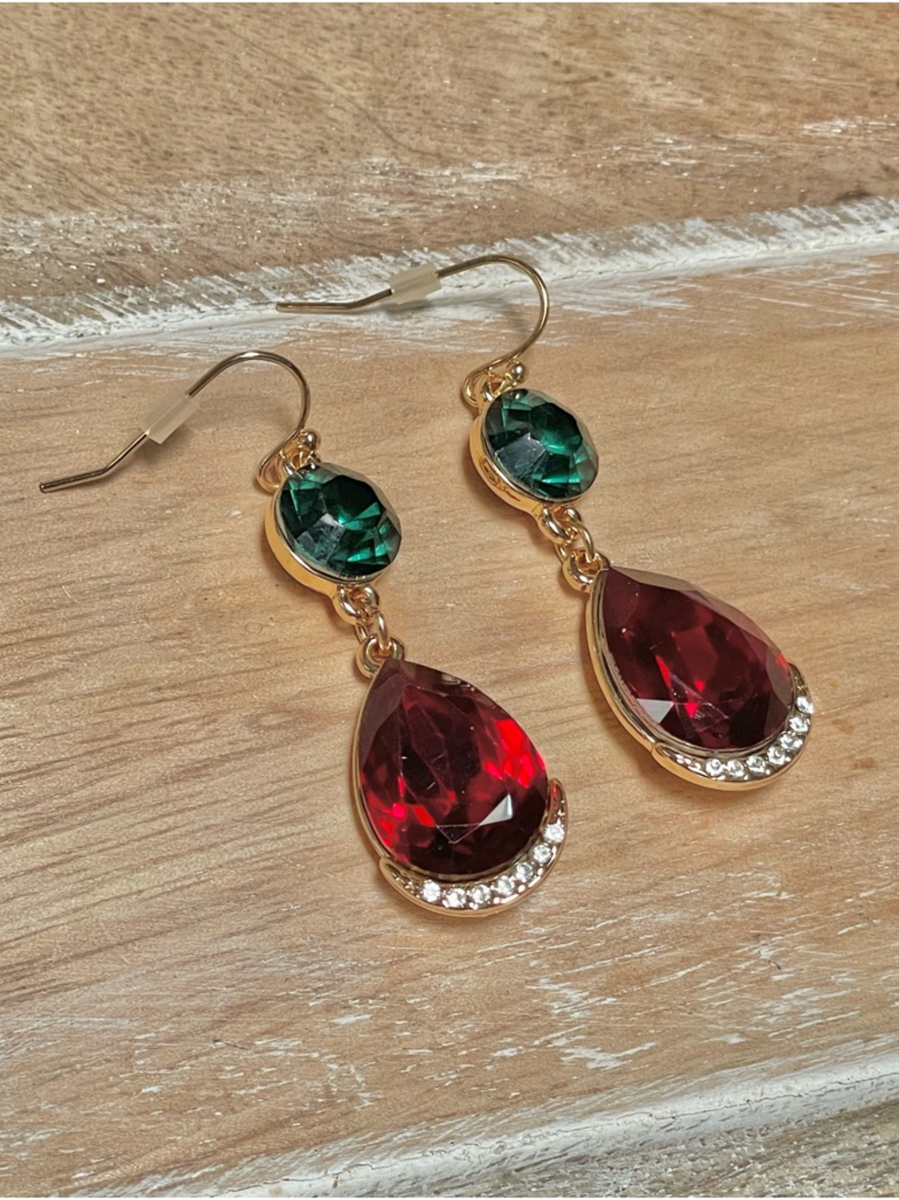 Gold-Tone Red Teardrop & Green Round Crystal Drop Earrings